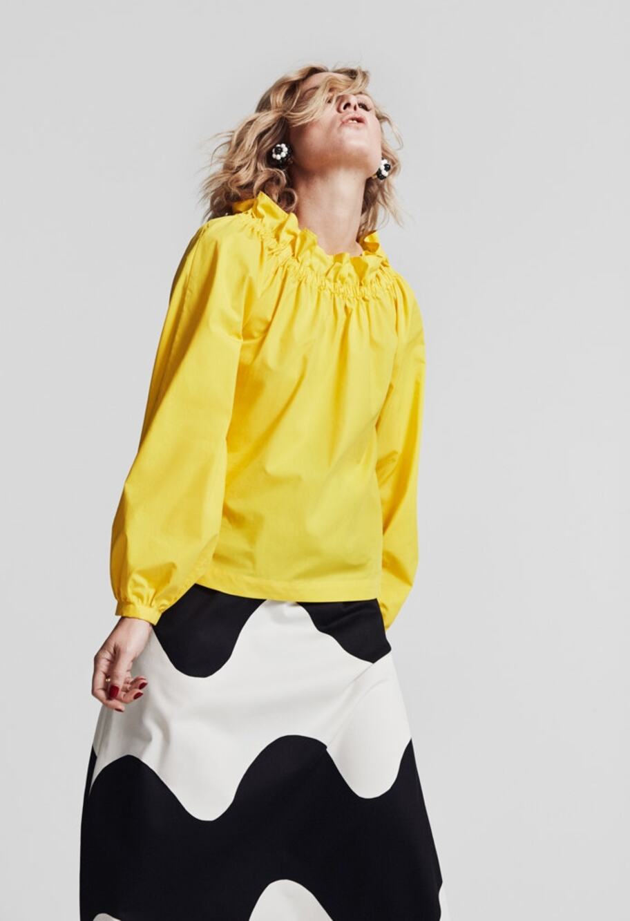 Marimekko Yellow Ruffle Neck Long Sleeve Poplin Blouse